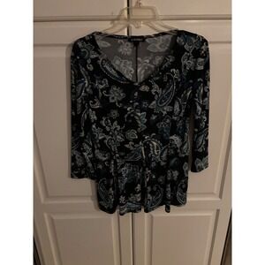 Roz Ali Black Blue Paisley Print V Neck 3/4 Sleeve‎ Tunic Top Women Size S